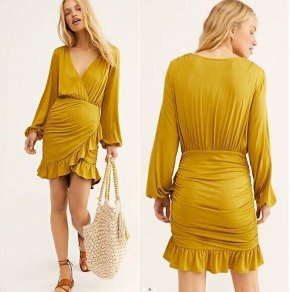 Free People Dresses & Skirts - Free people Miami Ruched Mini Dress Tea Leaf V Neck Party Size Small NEW